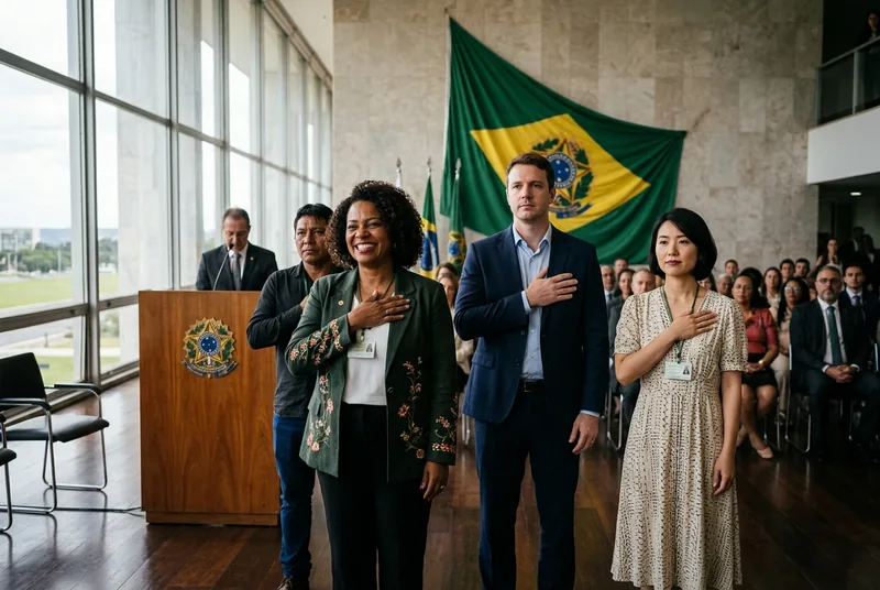 A naturalisation ceremony at the Brazilian Ministry of Justice — new citizens with hands over their hearts in front of a large Brazilian flag