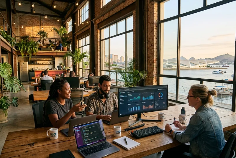 A small diverse team in a renovated warehouse co-working space in Porto Maravilha, Rio de Janeiro