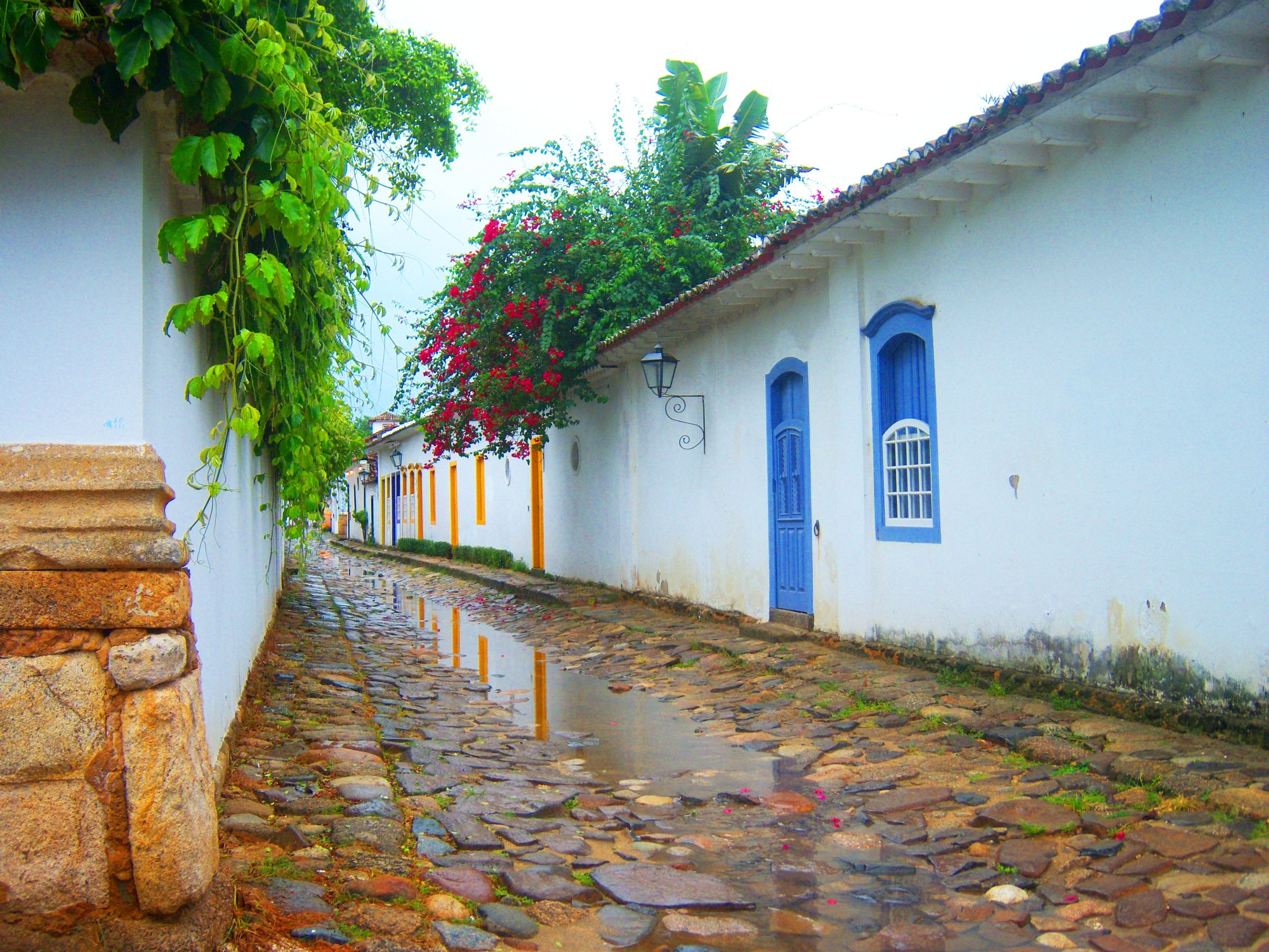 A cobblestone street in the colonial historic center of Paraty, Brazil