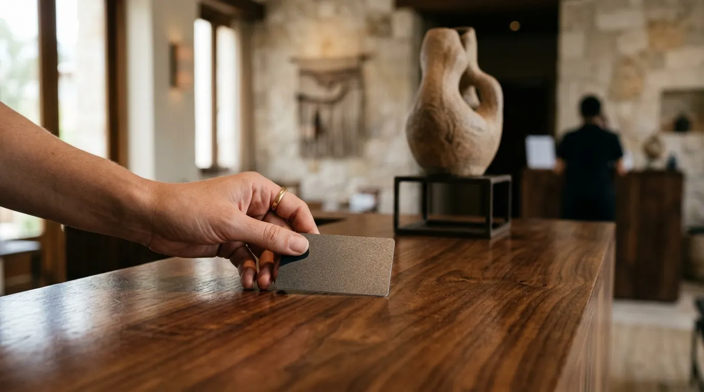 A hand placing a key card on a wooden reception desk.