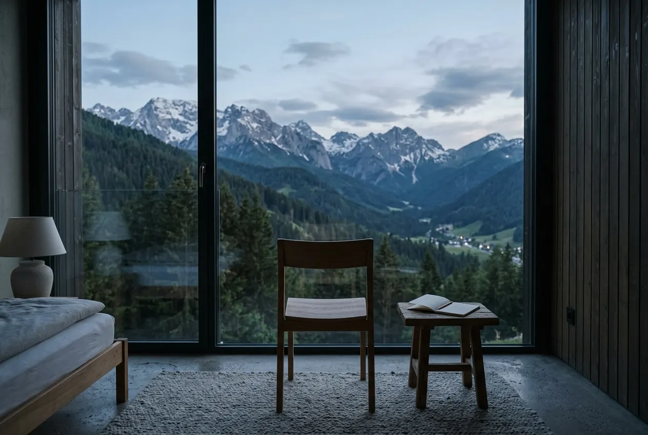 Modern hotel room with a large window overlooking mountains.