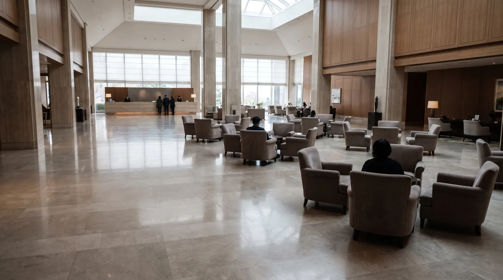 Wide view of a grand hotel lobby with a few guests.