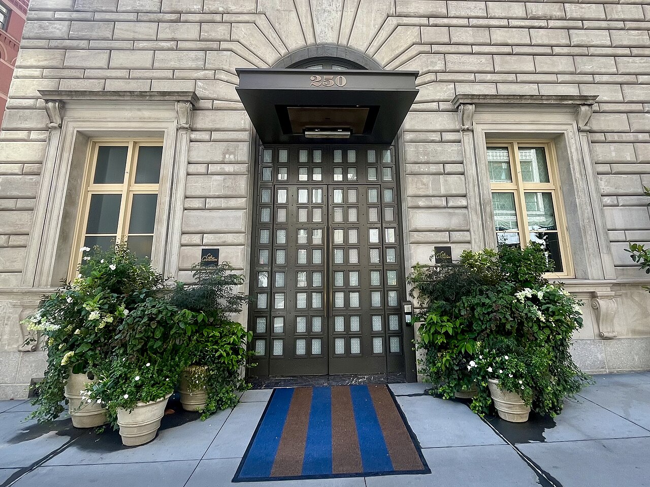 A limestone building front with a dark canopy over ornate metal-and-glass doors, flanked by tall windows and large potted shrubs.