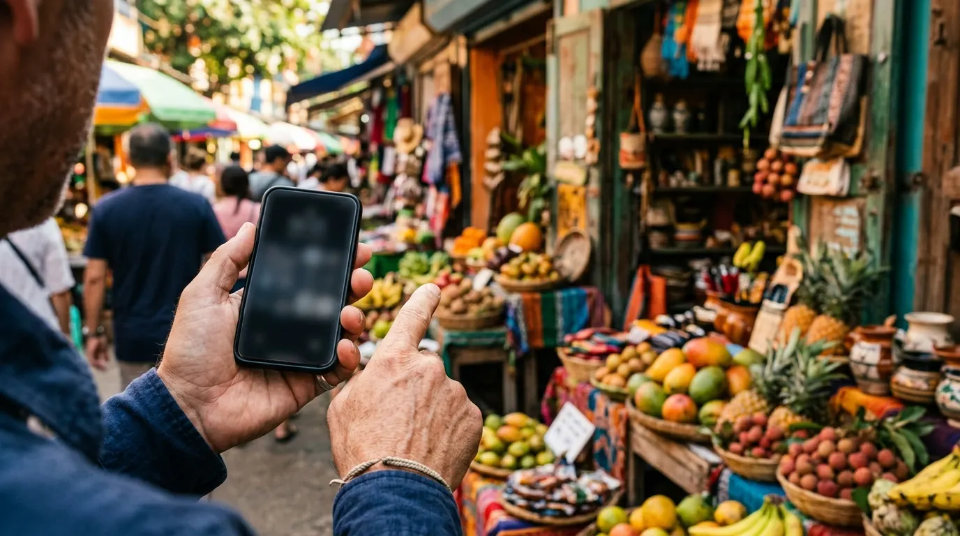 Hands holding a phone, pointing towards a vibrant market stall.