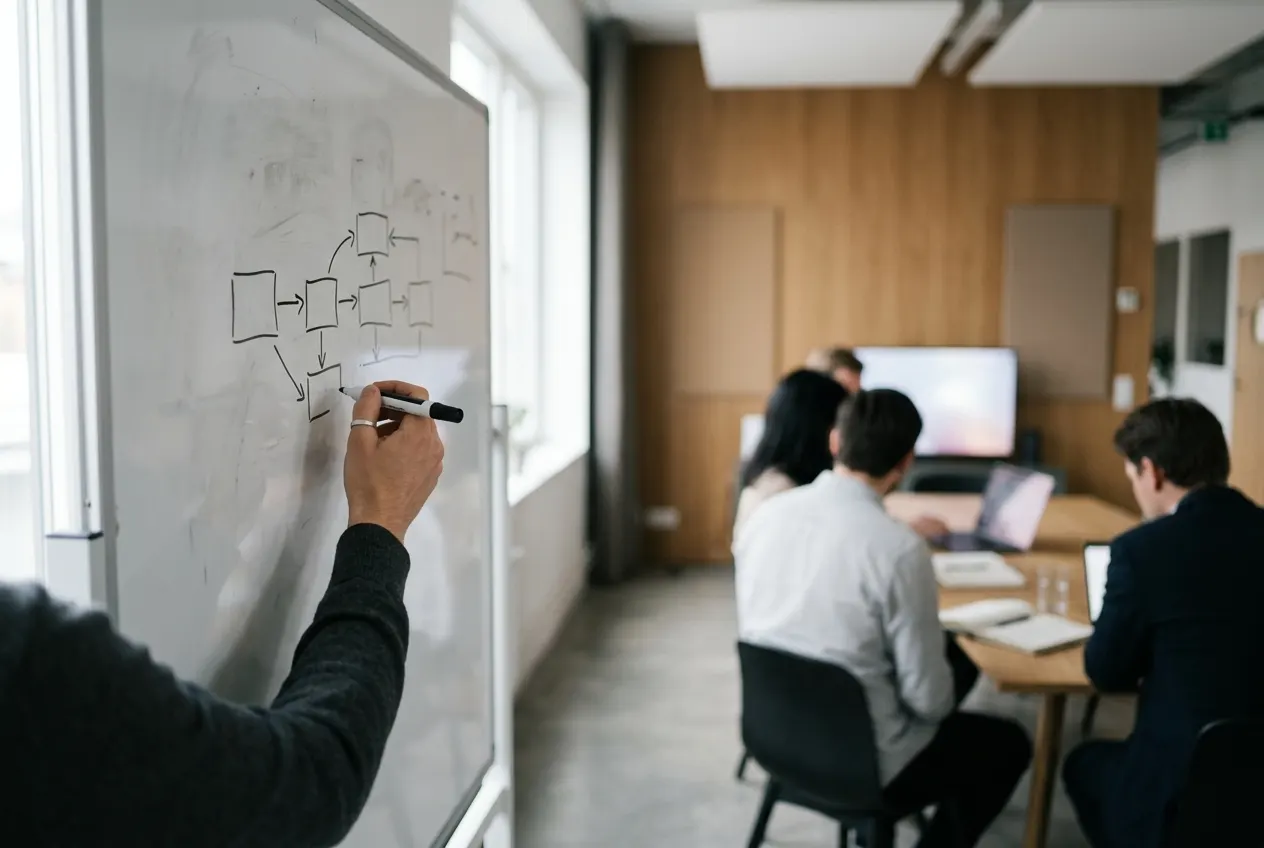 A hand drawing on a whiteboard in a modern office.