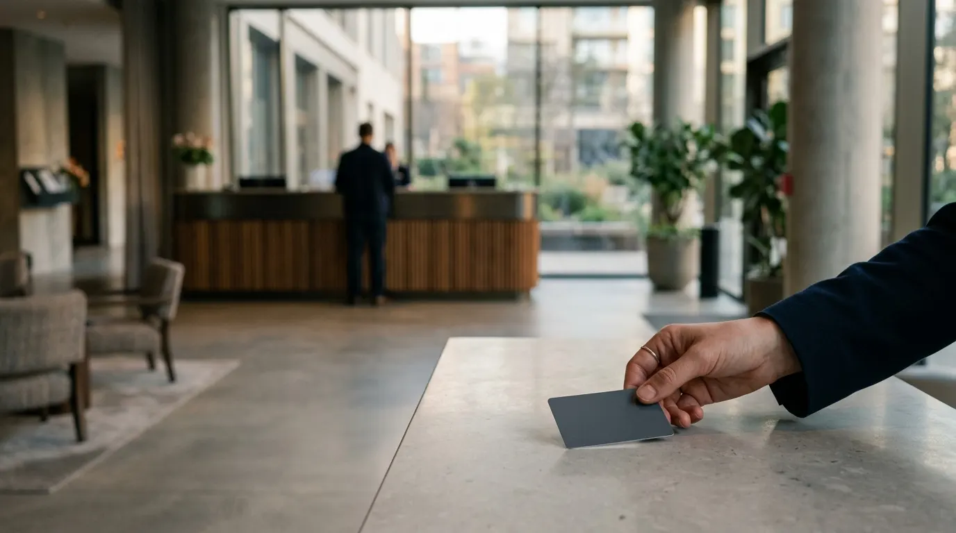 A hand places a key card on a stone counter, a blurred lobby in the background.