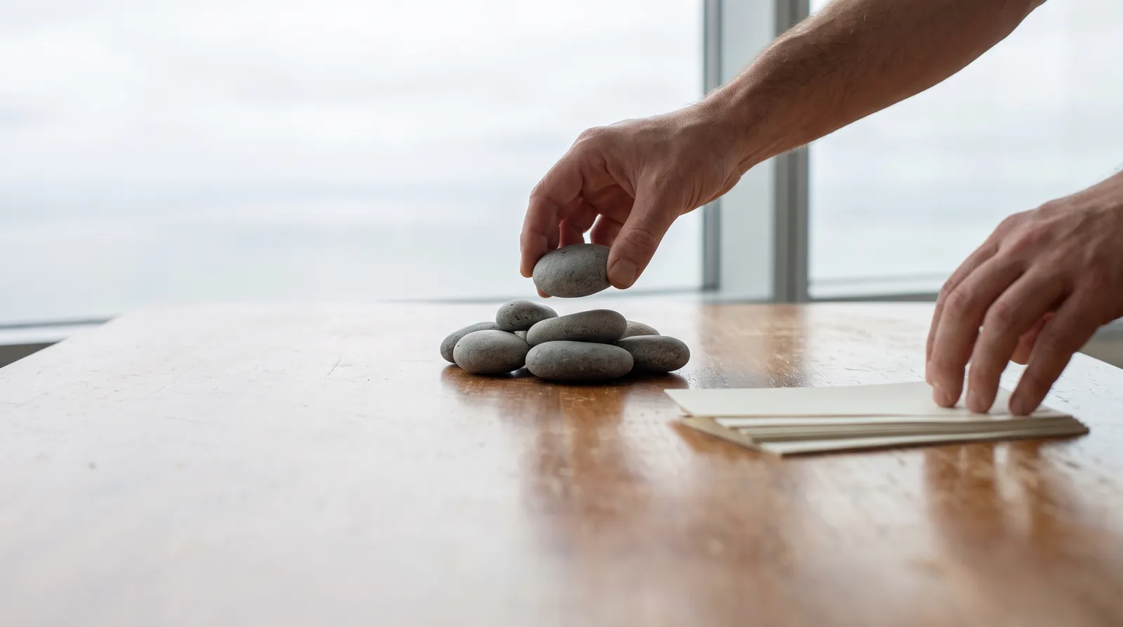 Hands arrange smooth stones and plain paper slips on a wooden surface.