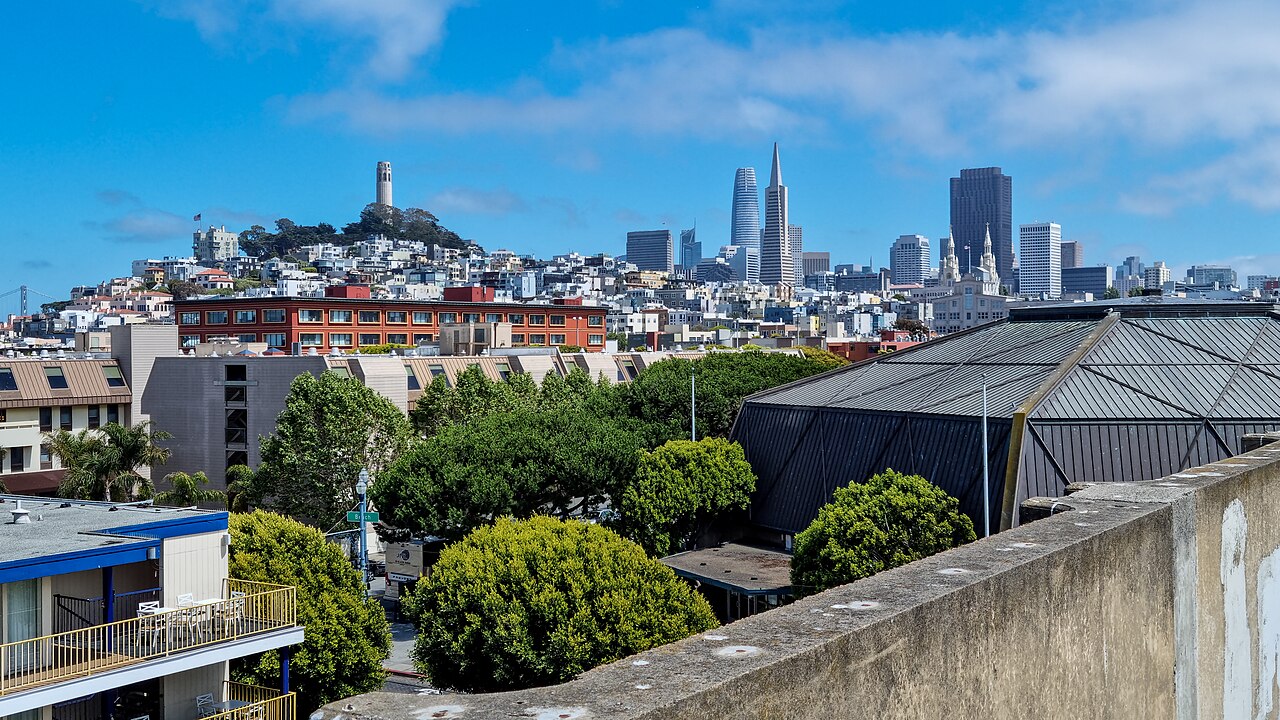 City rooftops and trees in the foreground, a white tower on a wooded hill to the left and downtown skyscrapers on the horizon.