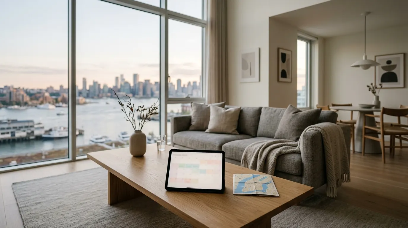 Modern living room with a tablet showing a booking calendar and a city map.