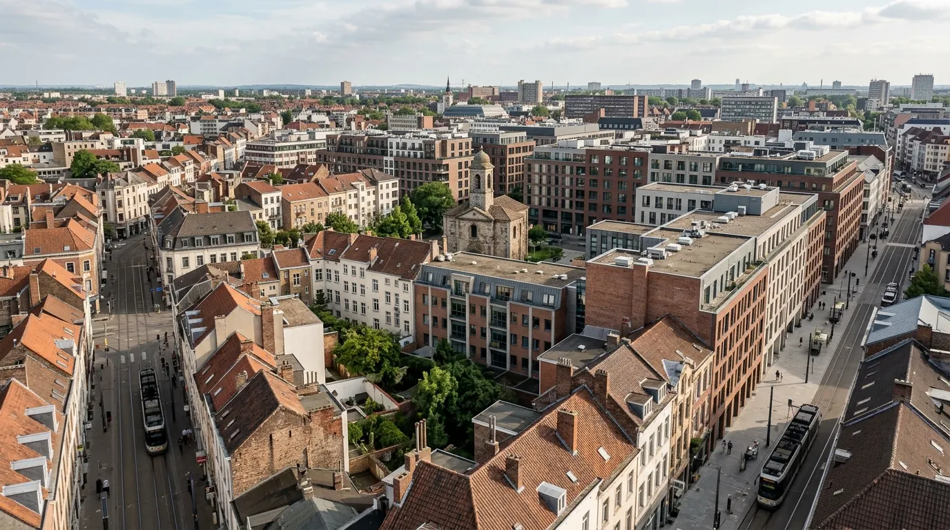 Aerial view of a dense European city with mixed architecture.