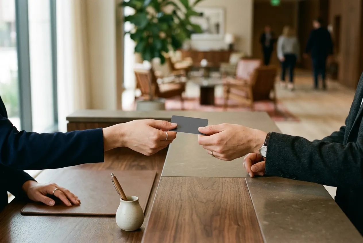 Hands exchanging a key card at a hotel reception desk.