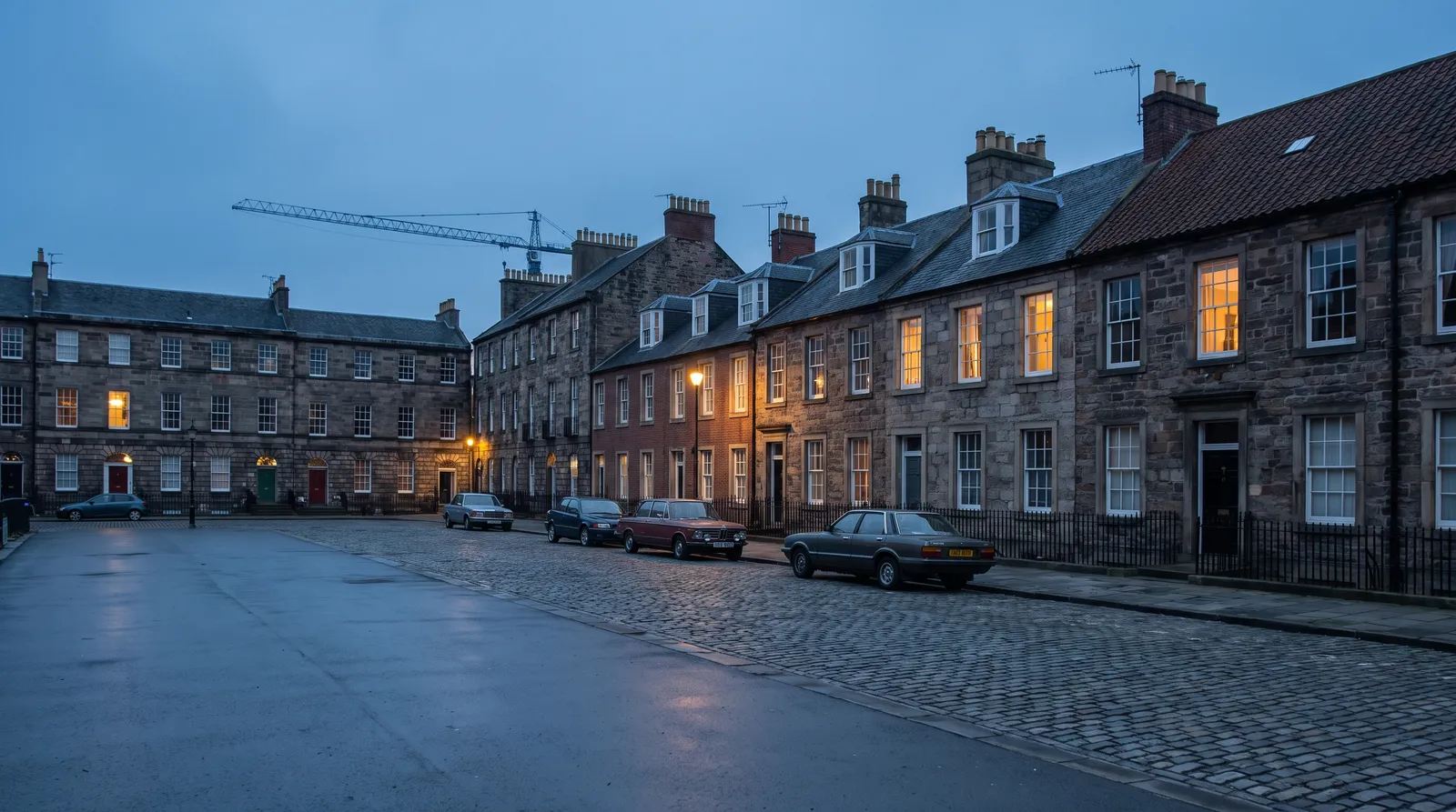 Historic city street at dusk with terraced houses and a distant crane.