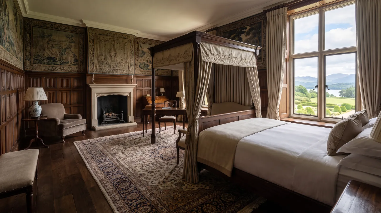 An elegant guestroom with a four-poster bed and classical European furnishings.