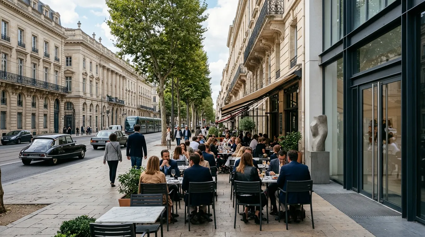 A city street with historic buildings and a modern outdoor cafe and art gallery.