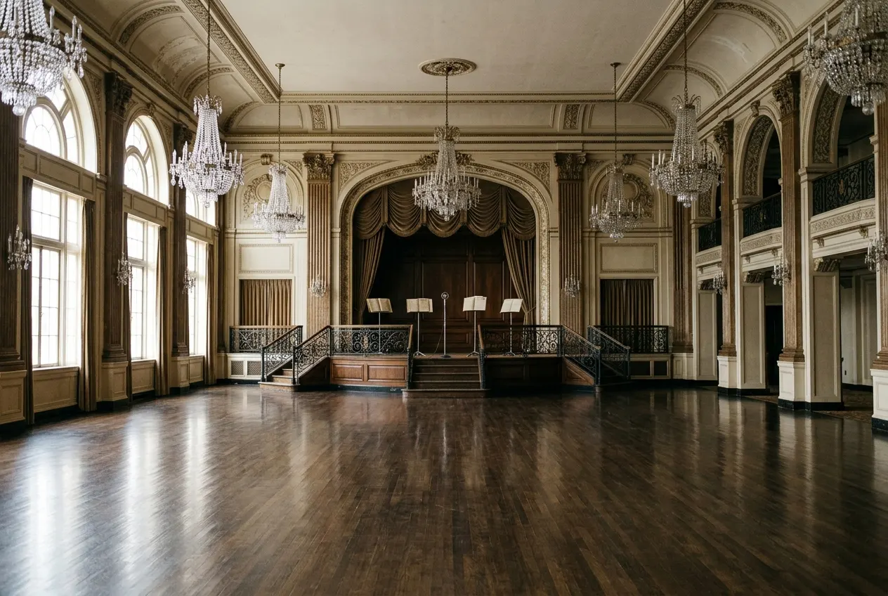 An empty, ornate hotel ballroom with a bandstand.
