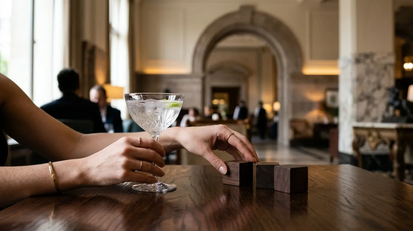 Hands arranging plain wooden blocks and holding a cocktail on a dark table.