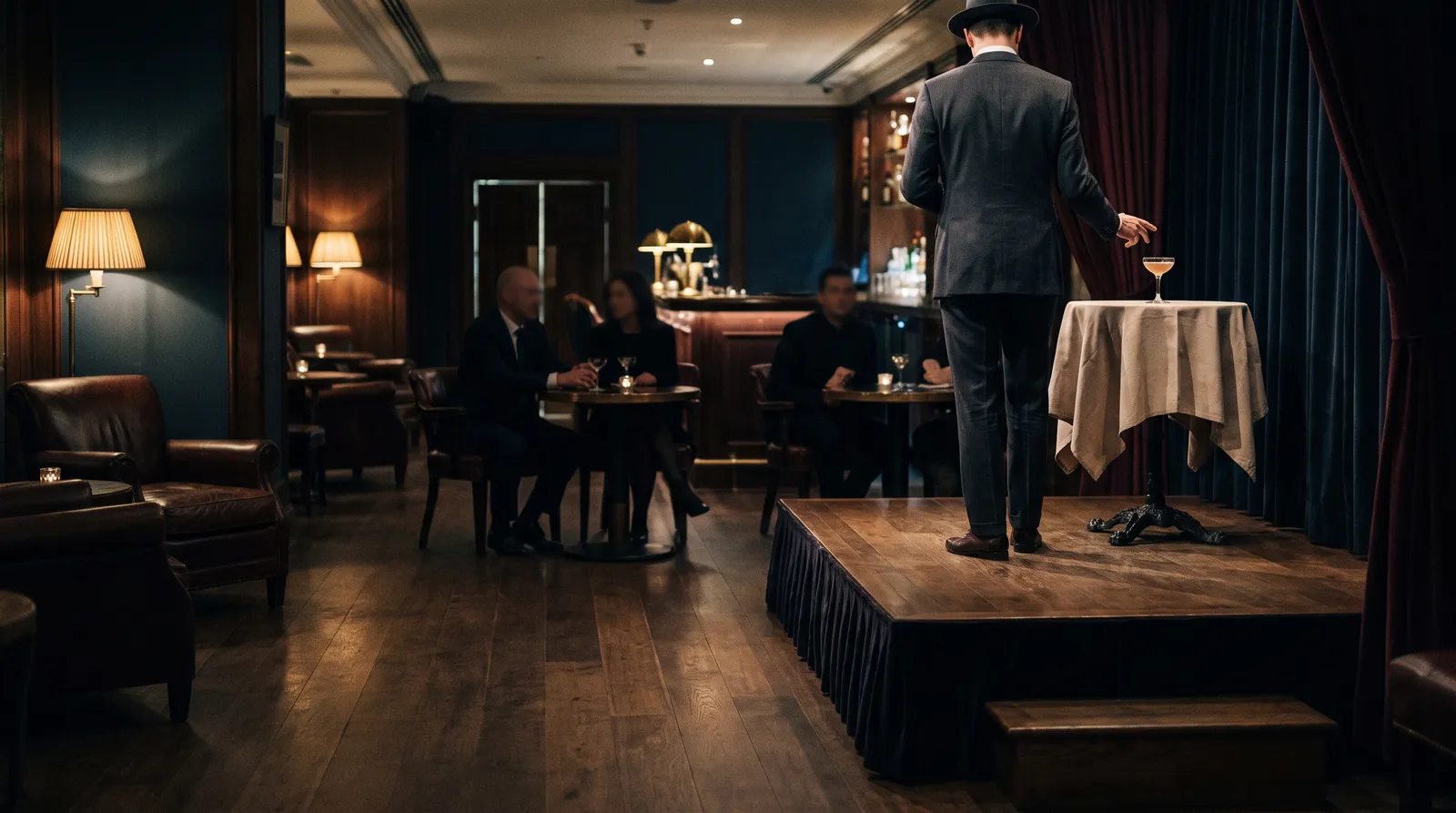 A magician on a small stage in a hotel bar, performing for a small audience.