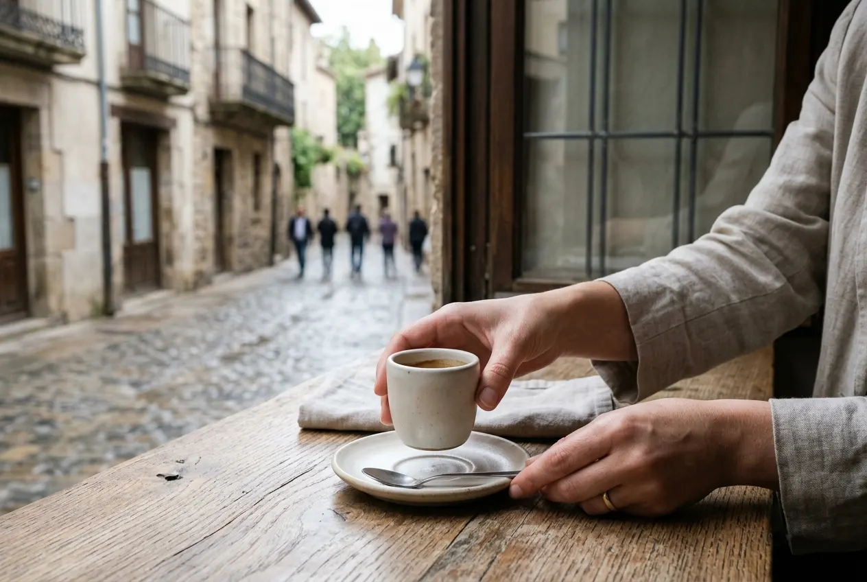Hands placing an espresso cup on a saucer, a street visible in the background.