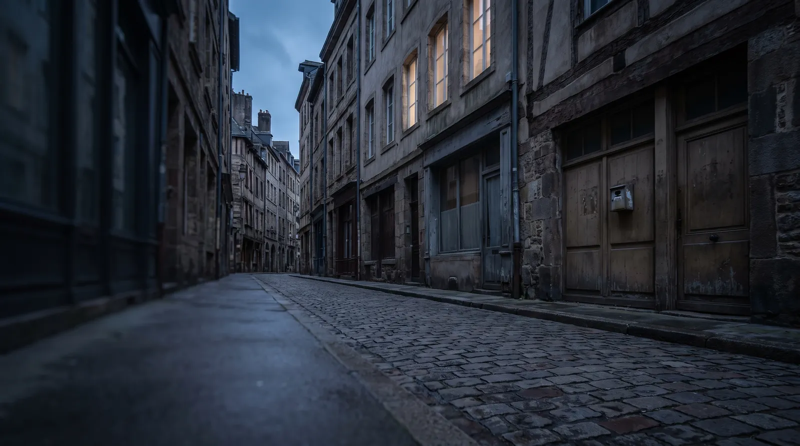 A quiet, narrow European city street with a single lockbox on a door.