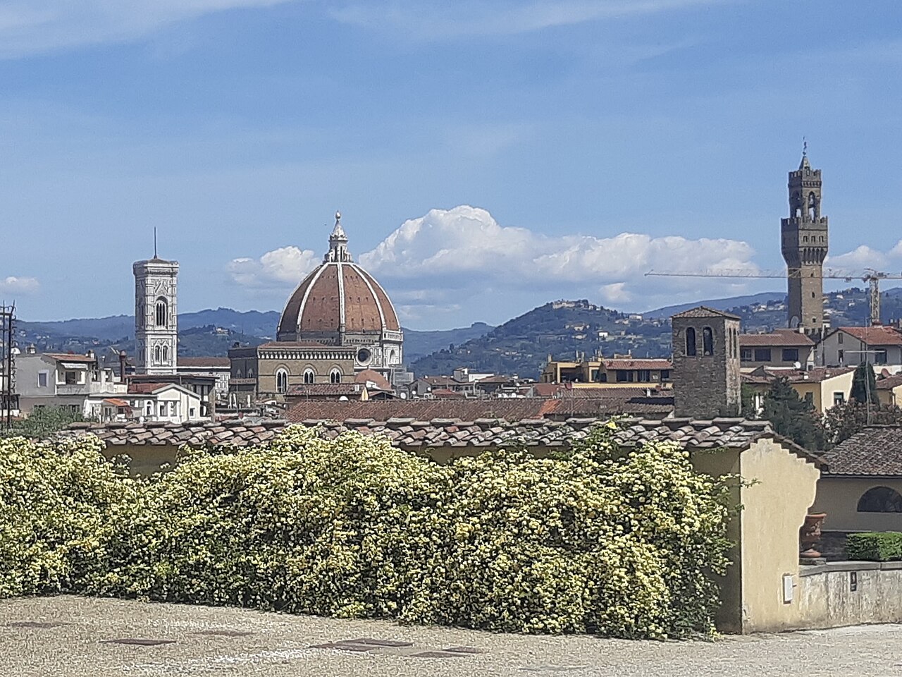 A panoramic view of Florence's skyline under a bright blue sky, with the dome of the Cattedrale di Santa Maria del Fiore prominent in the center.