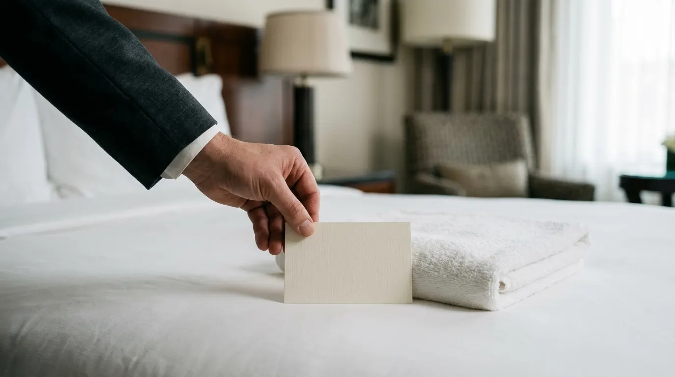 Hand placing elegant card on hotel bedspread.