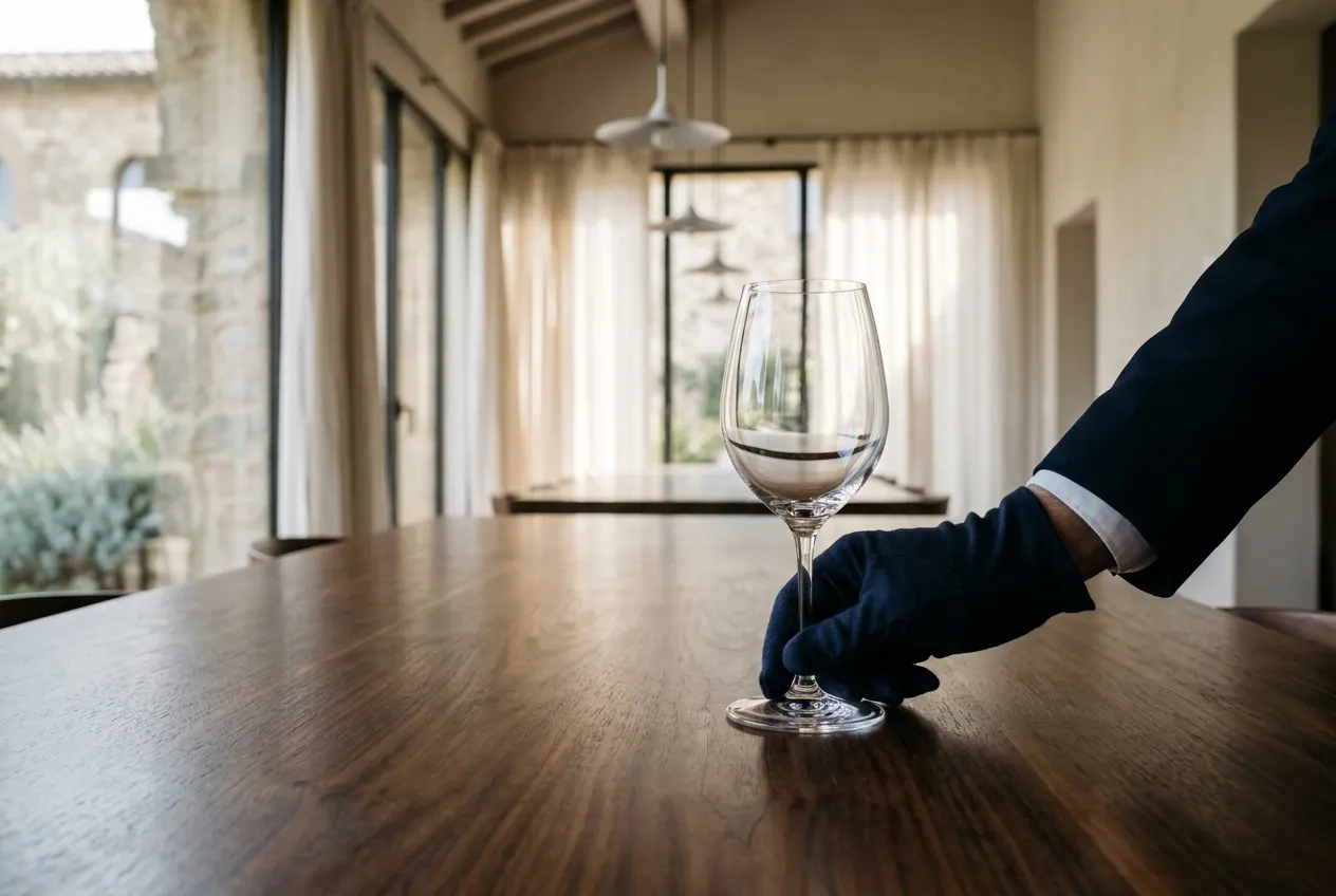 A gloved hand adjusts a crystal wine glass on a wooden table.