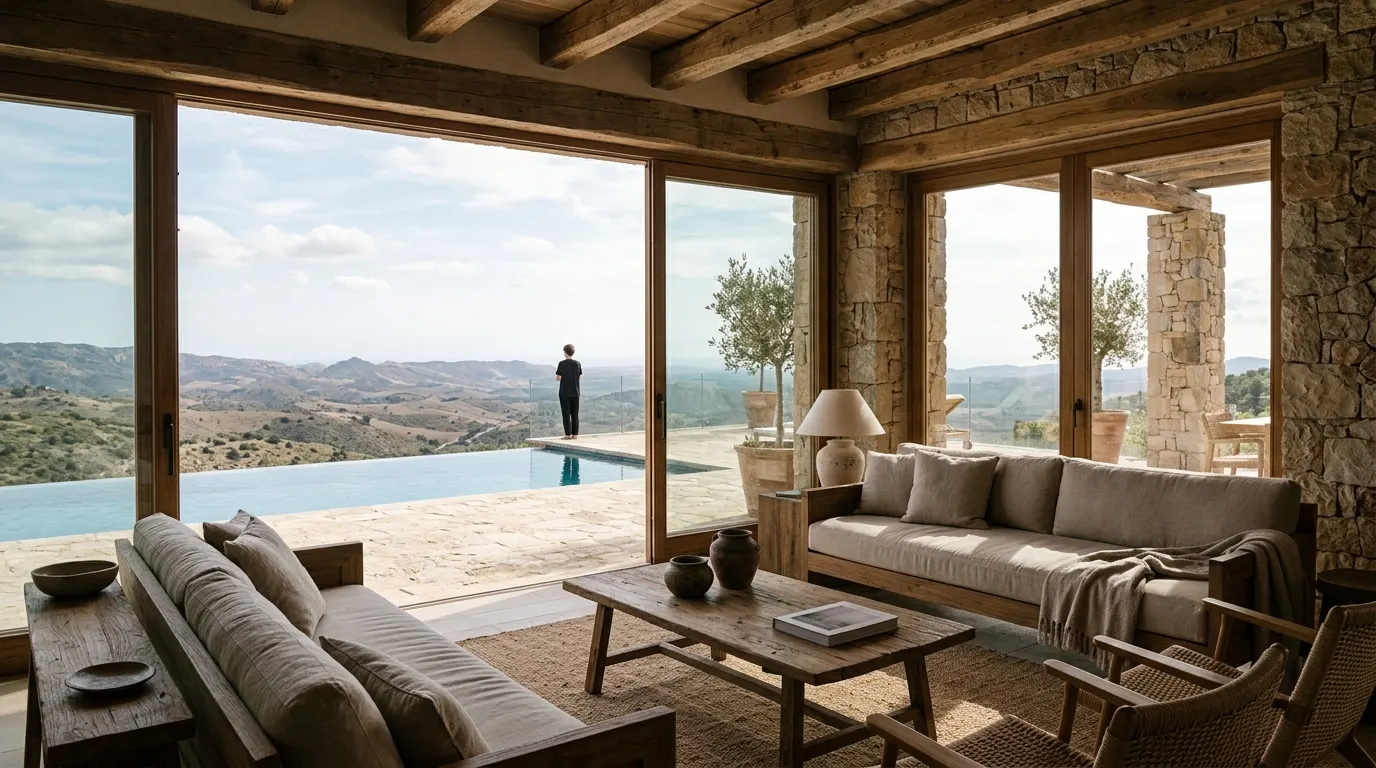 Sunlit villa living room with infinity pool and distant landscape.
