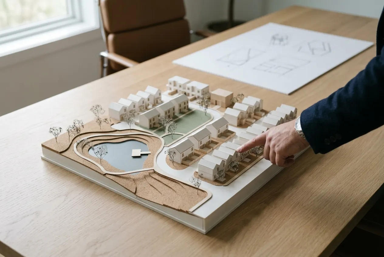 Architectural model of a residential community on a desk.