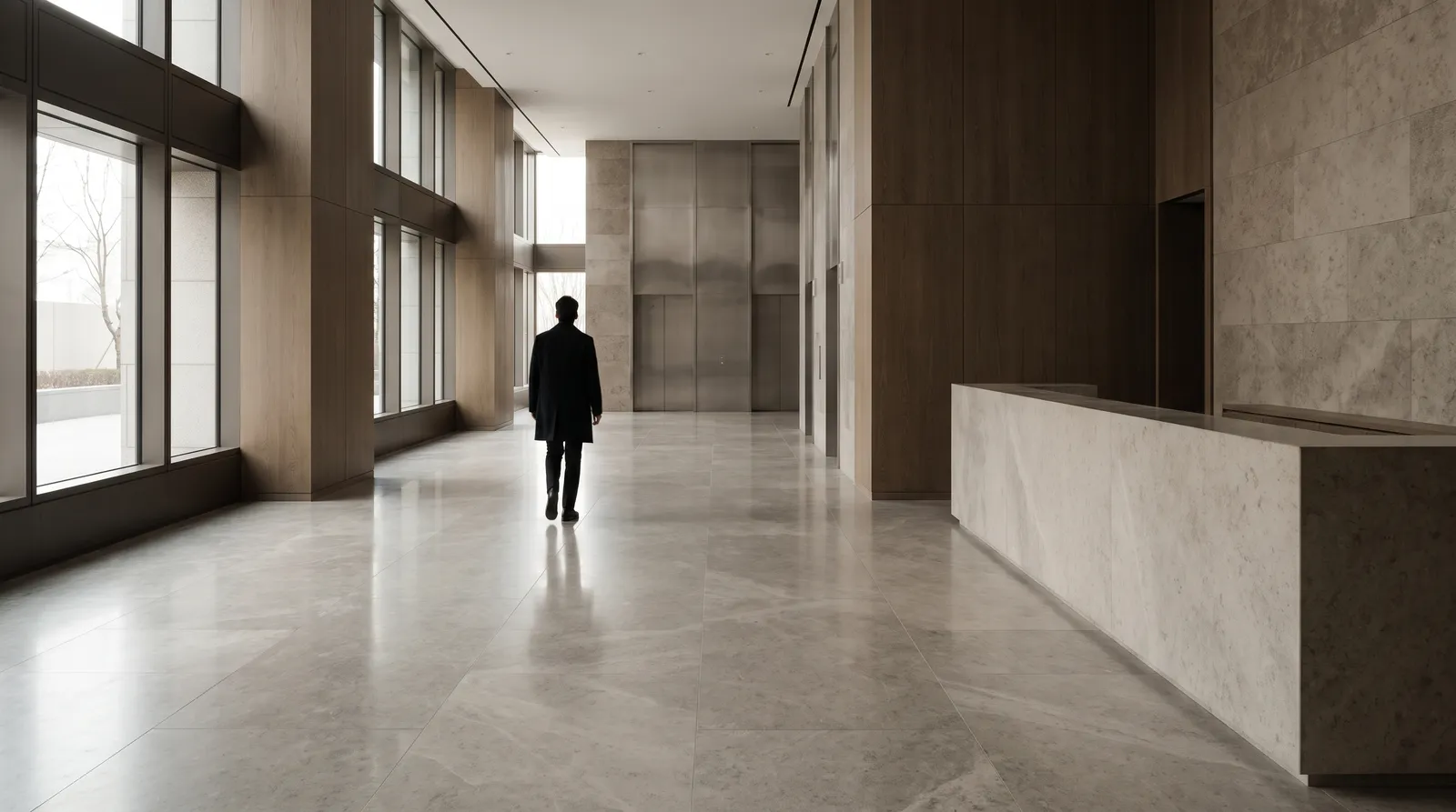 A resident walks towards elevators in a luxury residential lobby.