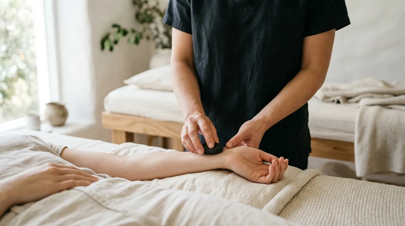 Hands placing a therapy stone on a wrist in a treatment room.