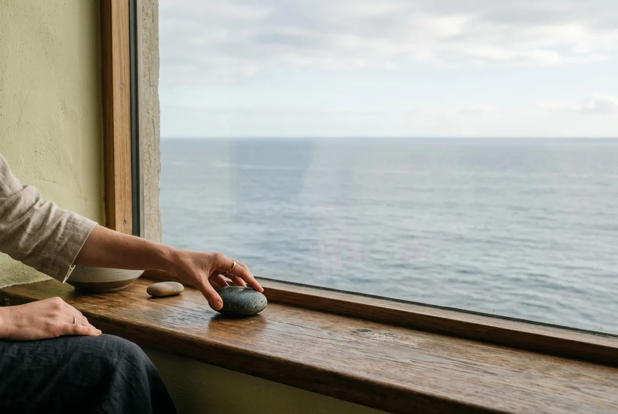 Hands place a stone on wood by a window overlooking the ocean.