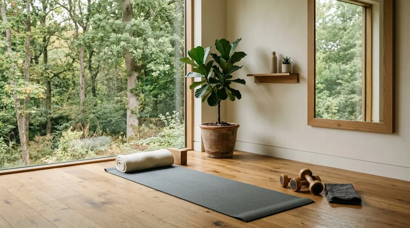 A minimalist private fitness studio with a yoga mat and weights.