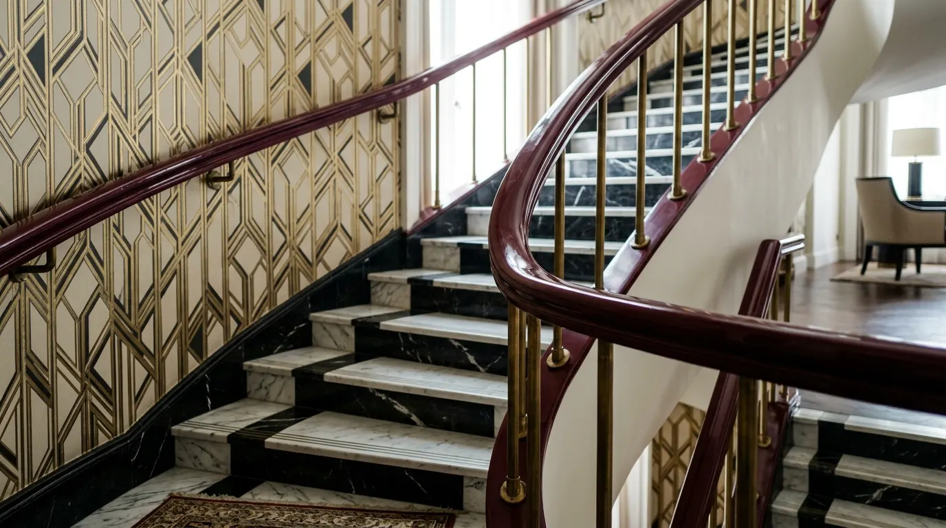 Close-up of a winding staircase with marble, burgundy resin, and gold wallpaper.