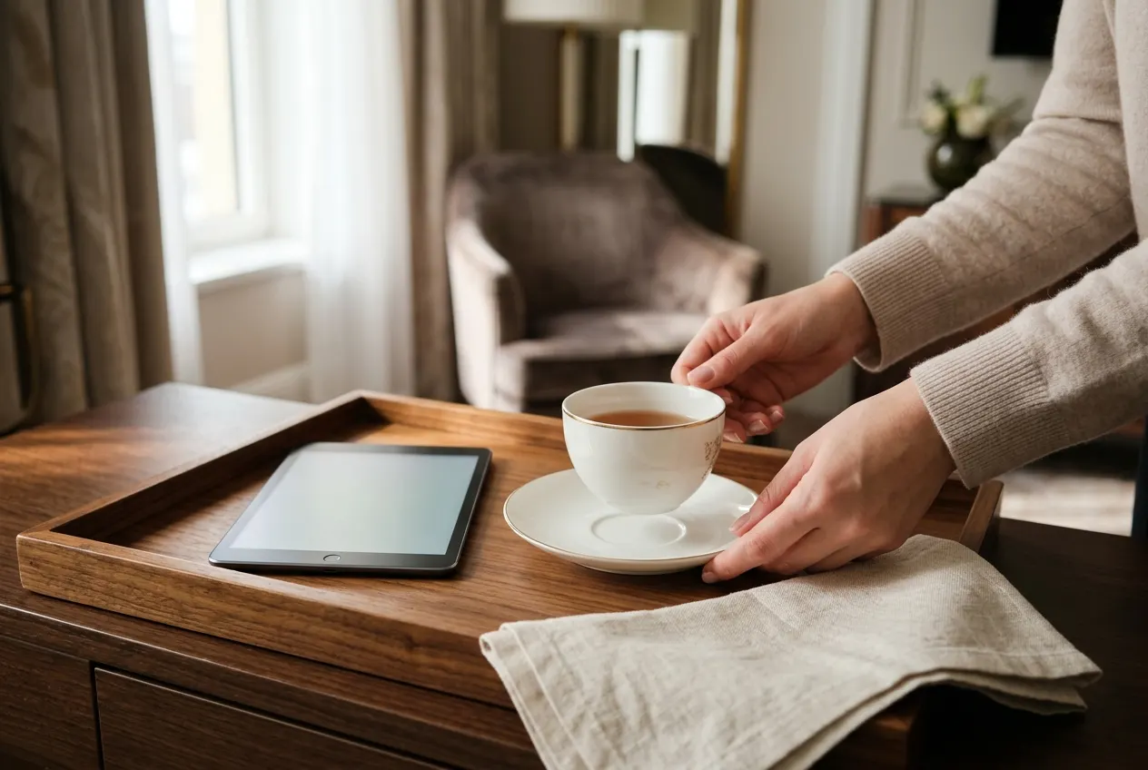 Hands placing a teacup on a tray beside a tablet in a hotel suite.