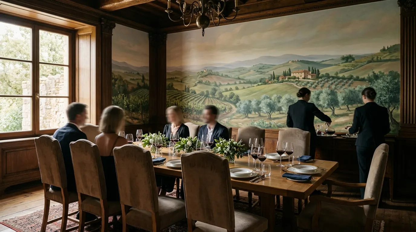 Interior of a timber-rich private dining room with a hand-painted mural.