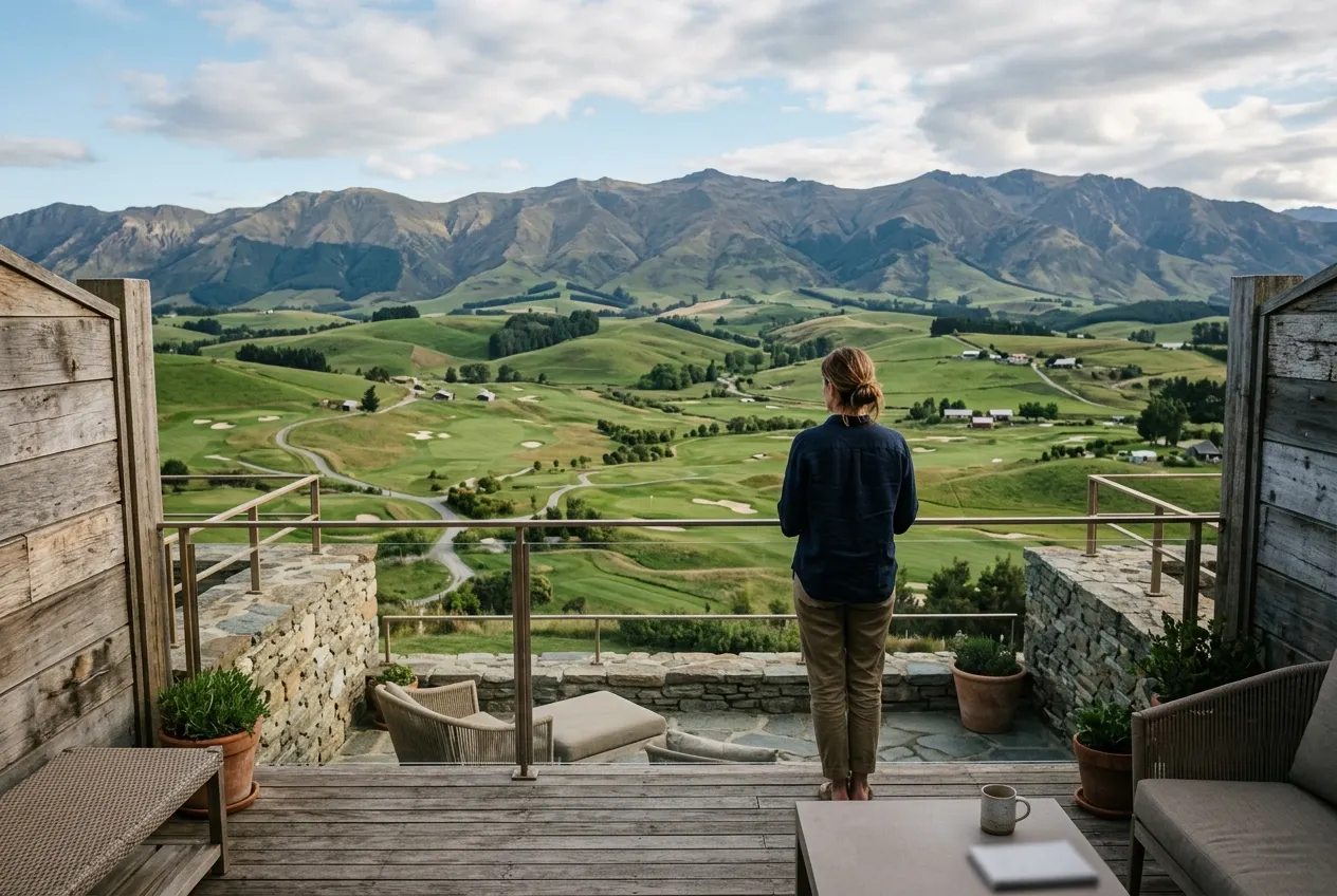 Exterior view from a private rooftop terrace over rolling hills and golf courses.