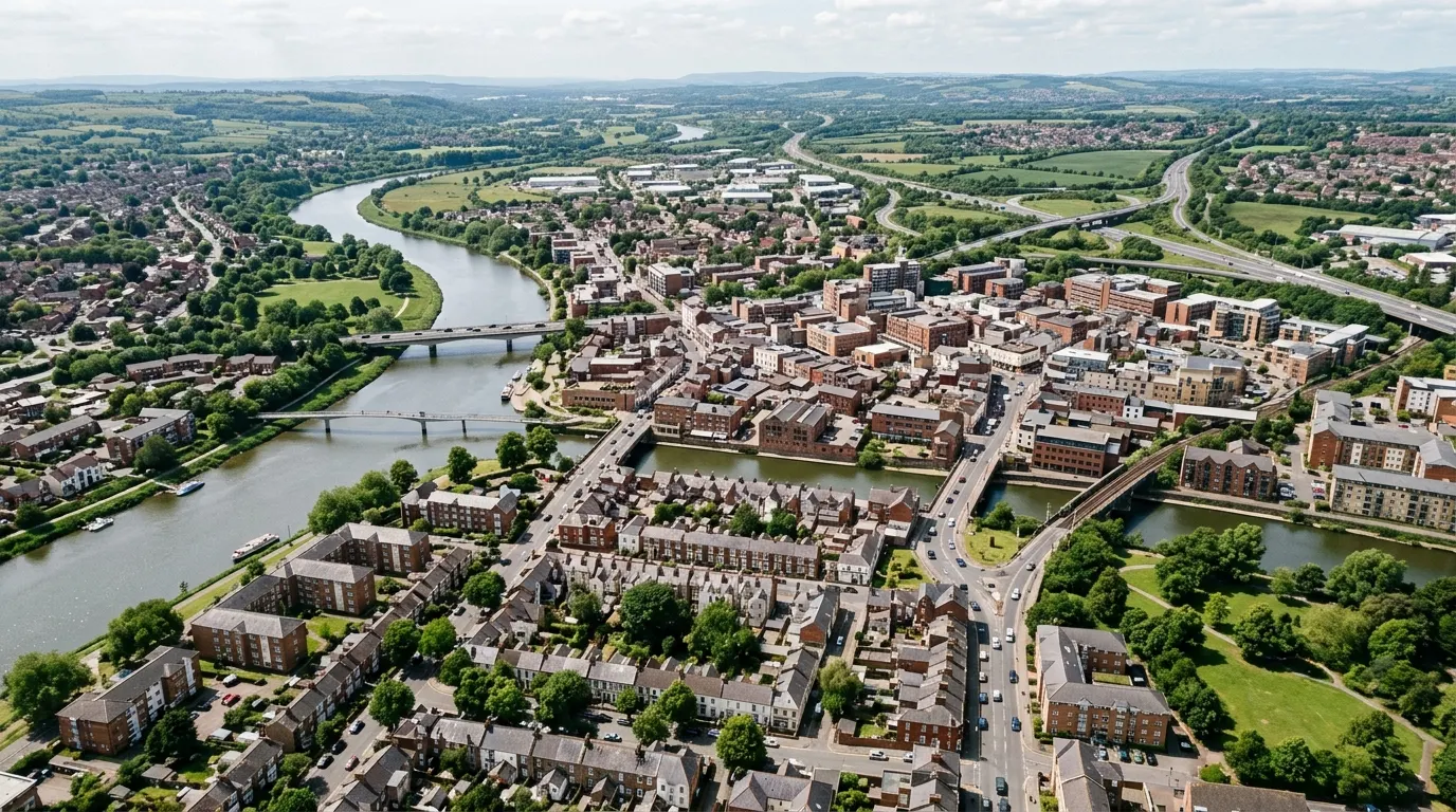 Aerial view of a growing city beside a river and highways.