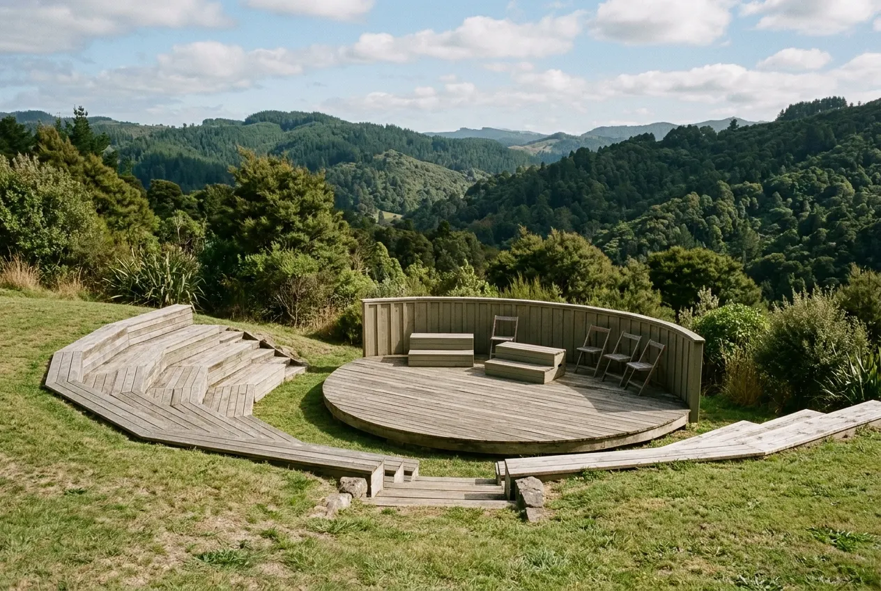 Empty outdoor amphitheater stage in the Texas Hill Country.