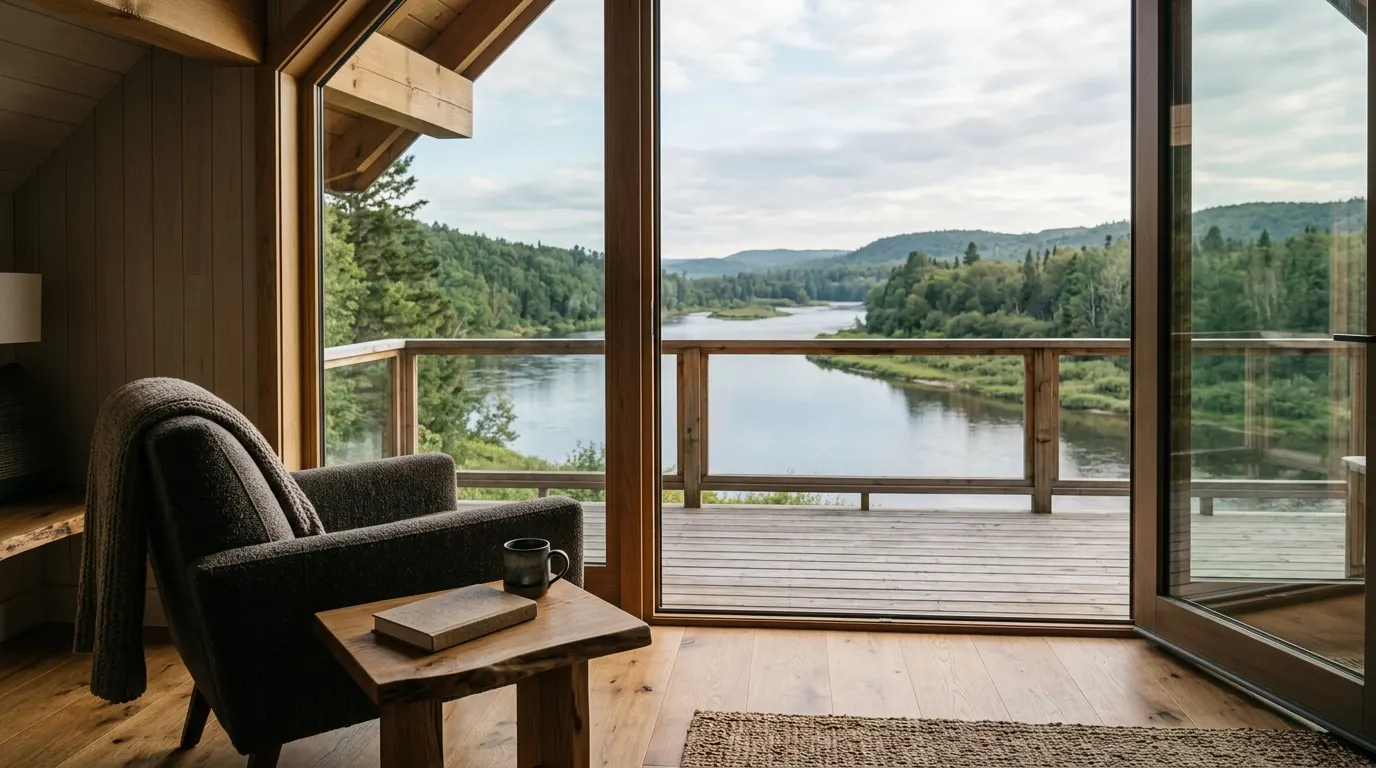Interior of a modern rustic cabin with a river view balcony.