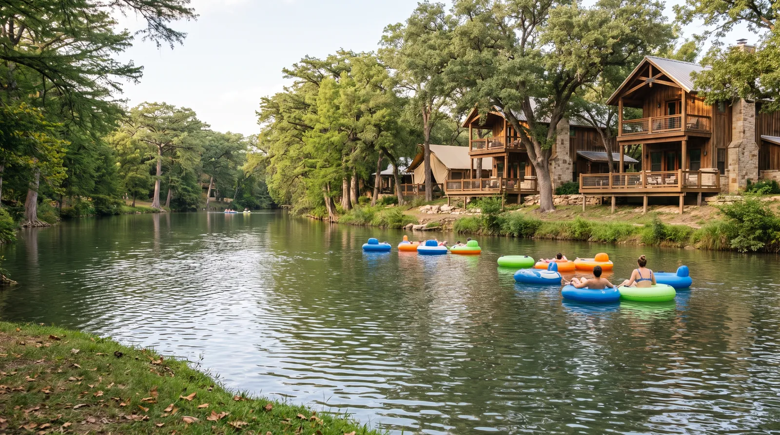 Guadalupe River with tubers and rustic cabins on the bank.