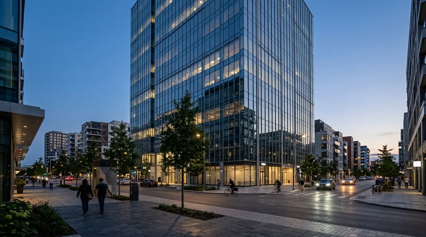 A modern glass office tower at dusk in a planned urban environment.