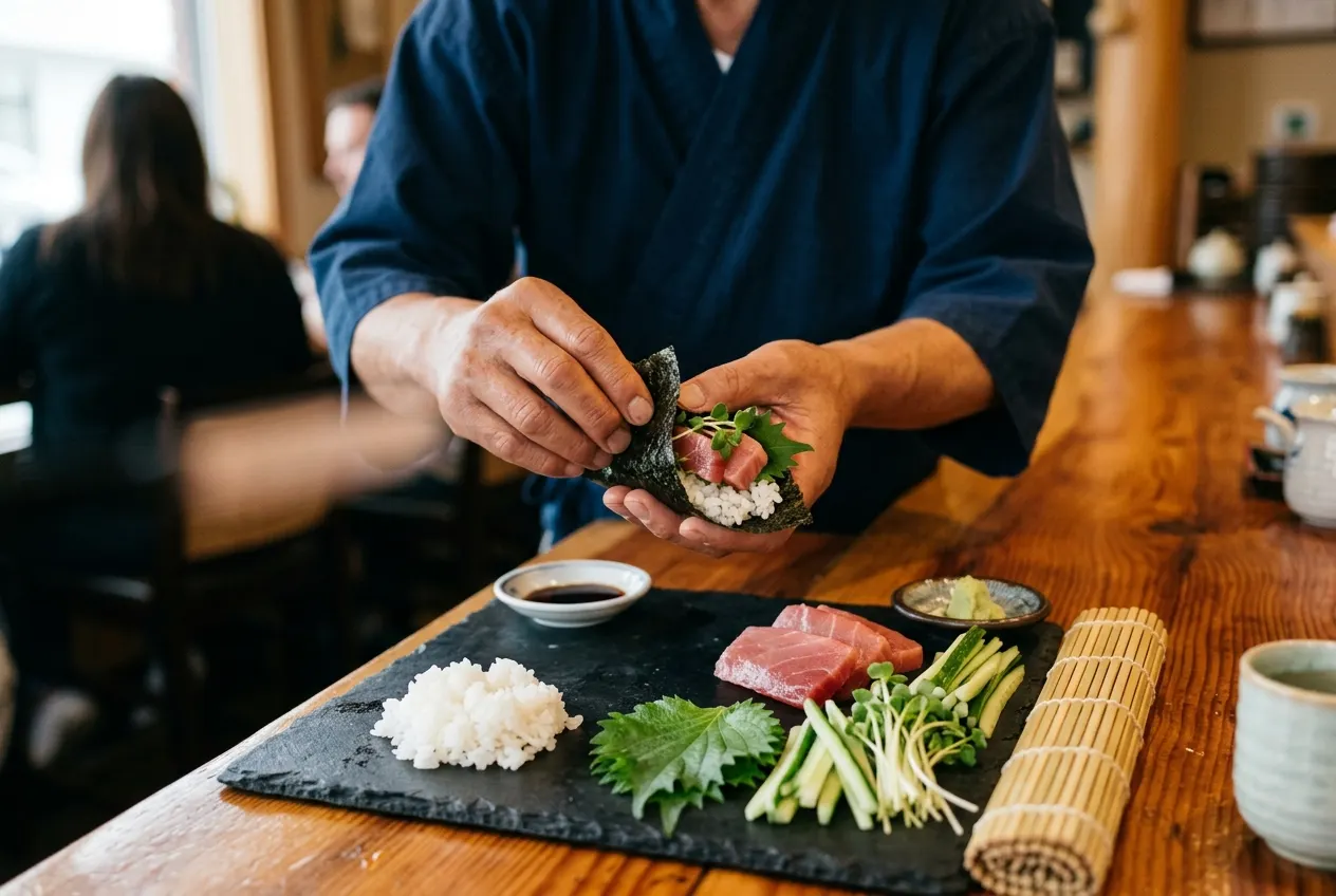 Chef's hands preparing a Japanese handroll at a wooden bar.