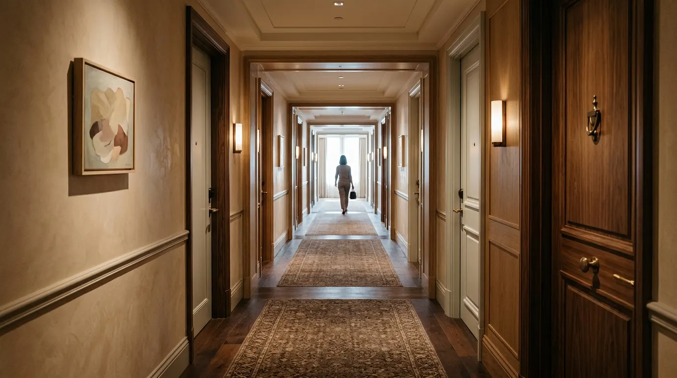 A long, elegant hotel corridor with multiple doors.