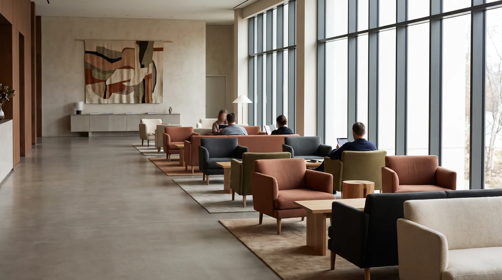 A wide, calm hotel lobby with design-led seating and indistinct figures.