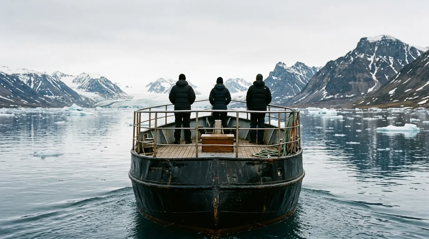 An expedition ship sailing through icy waters towards a distant coast.