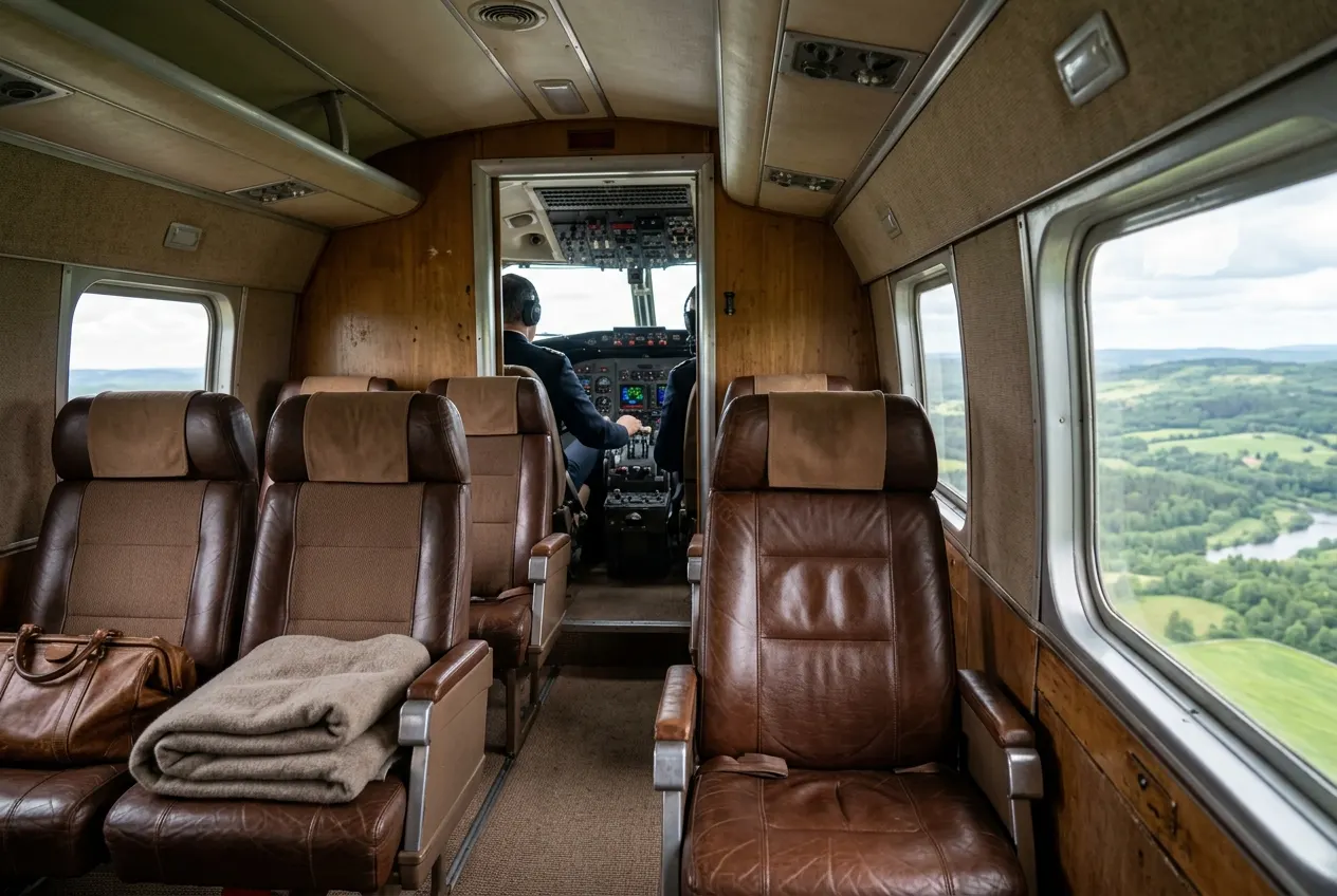 Interior of a vintage aircraft with plush seats and a view of the cockpit.
