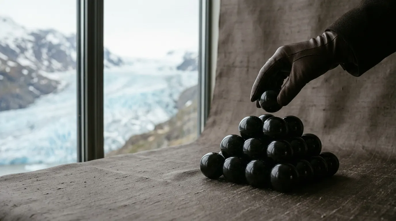 A gloved hand stacks polished black stones, a glacier visible through a window.