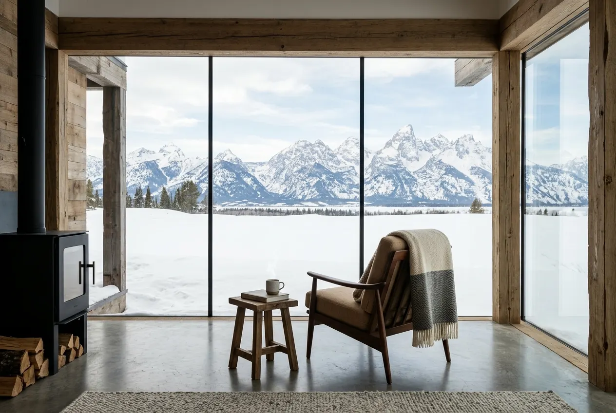 A luxury cabin interior with large windows overlooking a snowfield and mountains.