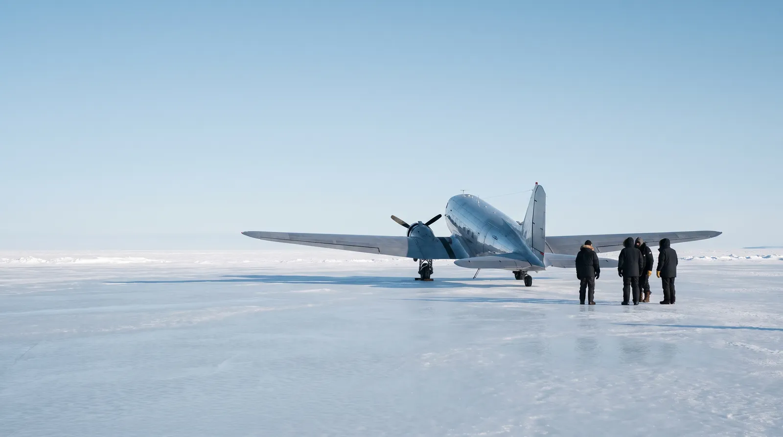 A vintage twin-propeller plane on an ice runway, with distant figures.