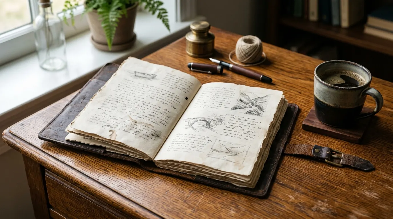 An open leather travel journal with unreadable notes and sketches on a wooden desk.